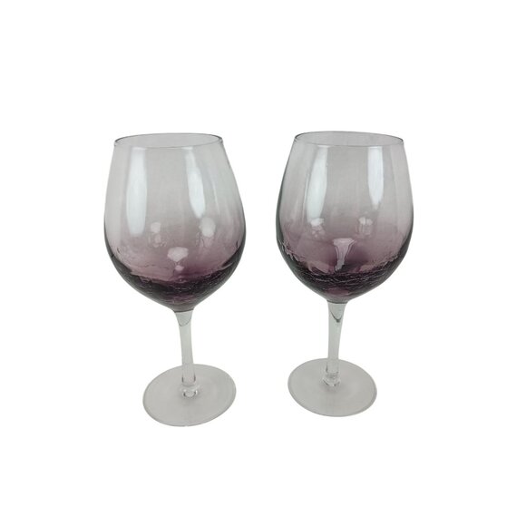 Pier 1 Purple Amethyst Crackle Red Wine Glasses Hand Blown 8 5/8"/18oz Set of 2 - Picture 3 of 7